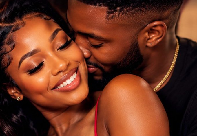 A smiling African couple embracing